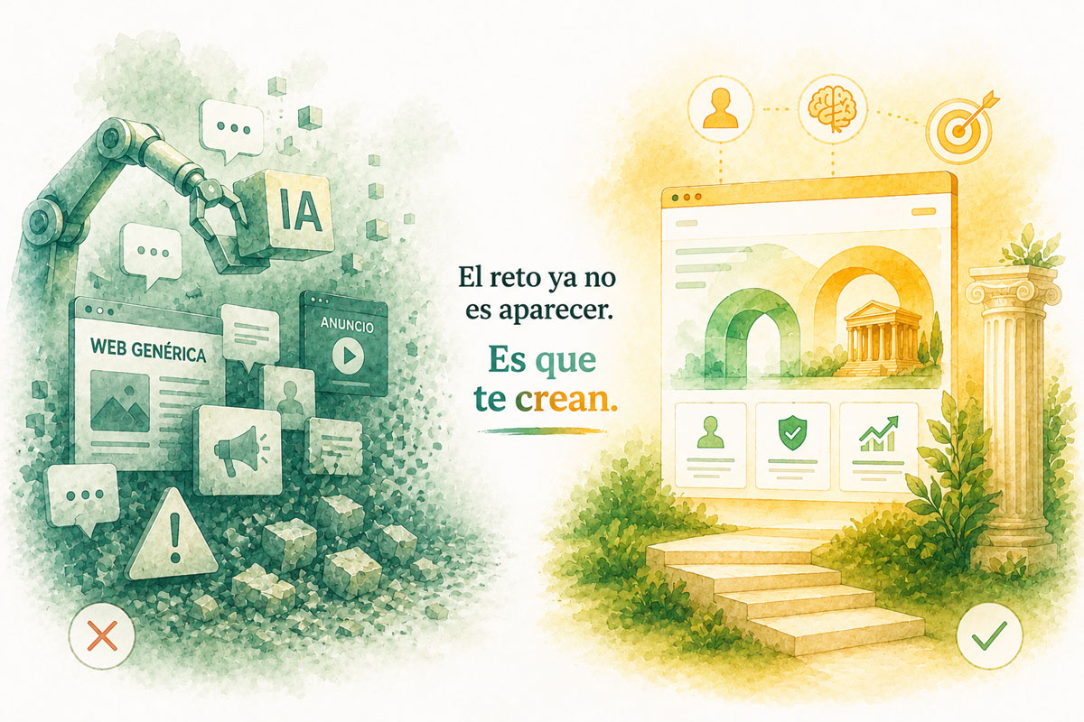 Ilustración conceptual sobre confianza digital y diseño web estratégico. Comparativa entre webs genéricas creadas con IA y experiencias digitales estructuradas para generar confianza, claridad y conversión.