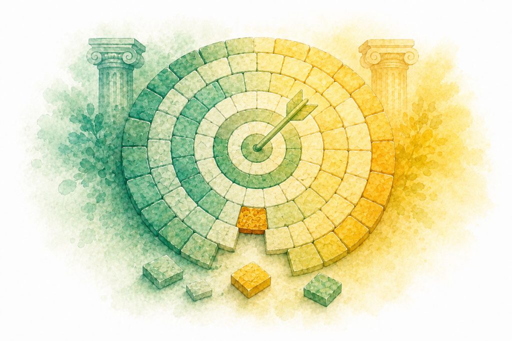 Mosaico en forma de objetivo con una pieza desalineada que representa la falta de conversión en campañas digitales.