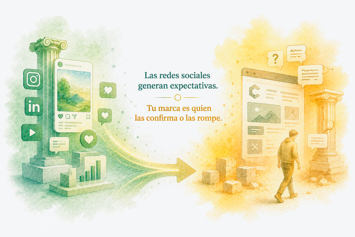 Ilustración conceptual sobre cómo la coherencia entre redes sociales, identidad de marca y página web genera confianza y mejora la conversión.