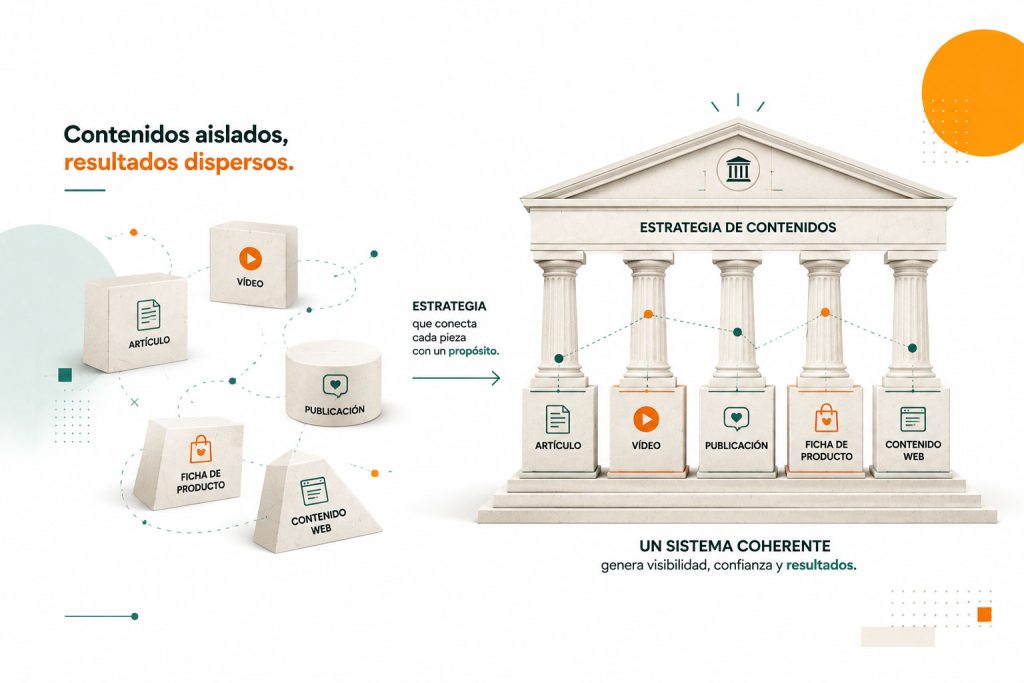 Ilustración conceptual de una estrategia de contenidos digitales construida mediante piezas conectadas.