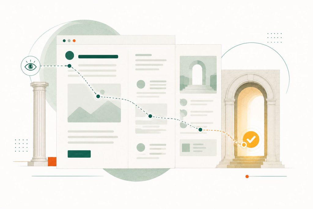 Ilustración de una página web representada como una estructura clásica con diferentes llamadas a la acción y un recorrido destacado hacia la decisión.
