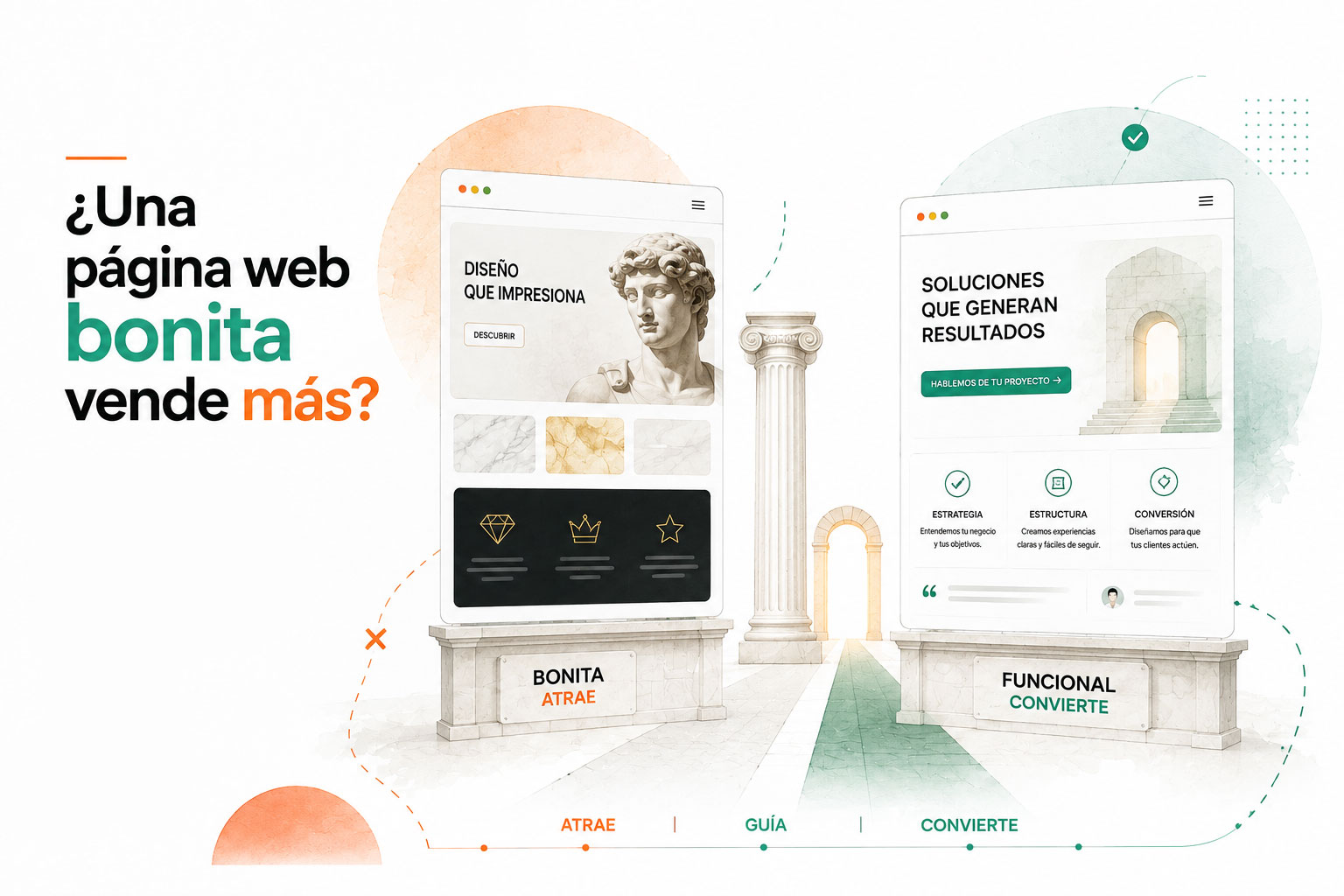 Comparativa entre una página web bonita y una página web funcional que guía al usuario, mostrando cómo el diseño estratégico mejora la conversión y la experiencia de usuario.